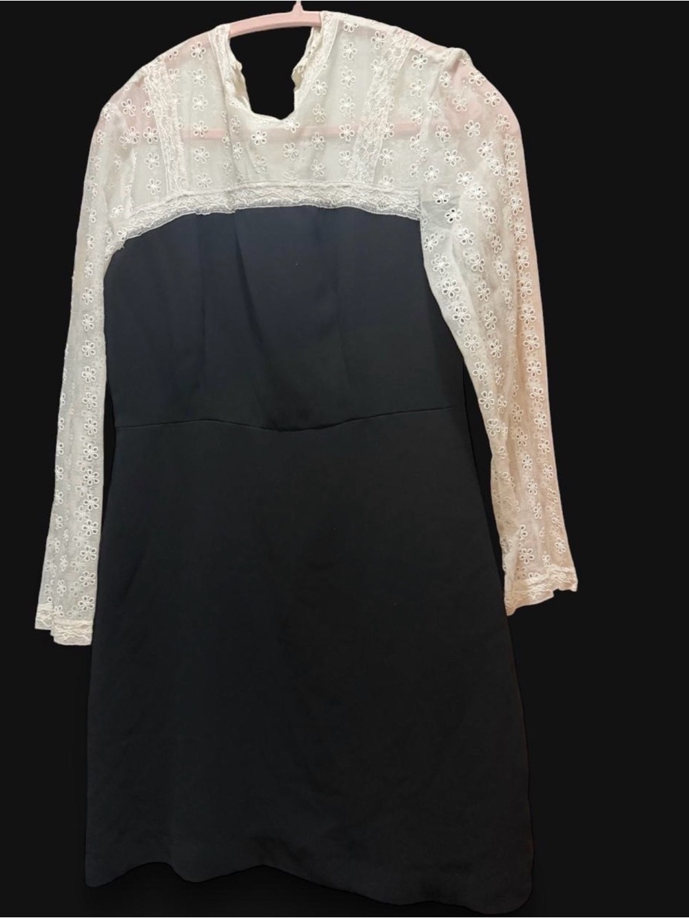 Sandro Black Dress with White Lace Yoke and Long Sleeves